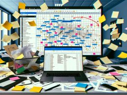 Vergleich eines chaotischen Arbeitsplatzes voller Post-its, E-Mails und offener Tools mit einer modernen Content Workflow Plattform im Hintergrund