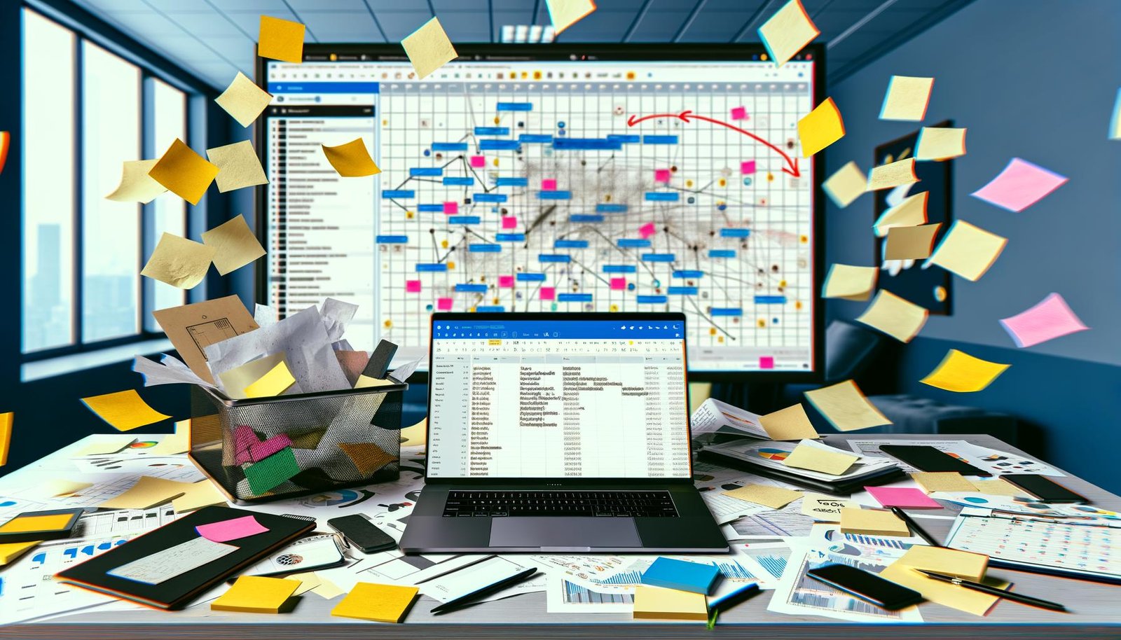 Vergleich eines chaotischen Arbeitsplatzes voller Post-its, E-Mails und offener Tools mit einer modernen Content Workflow Plattform im Hintergrund