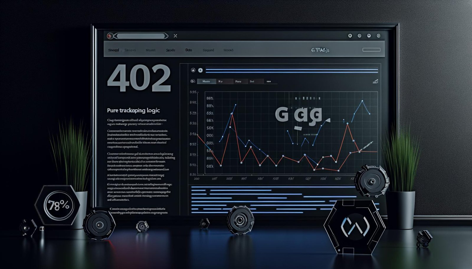 Reduziertes, modernes Dashboard mit Dark Mode, Analytics-Charts, hervorgehobener gtag.js-Code, Conversion-Metriken sowie Icons für Geschwindigkeit, Datenschutz und Effizienz im technischen, futuristischen Stil.