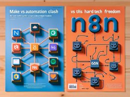 Vergleichsbild der Automatisierungstools Make und n8n: Make-Logo und App-Icons auf blauem Hintergrund, n8n-Logo mit Open-Source-Symbolen und Workflow-Nodes auf orange, im Zentrum Datenströme und API-Symbole.