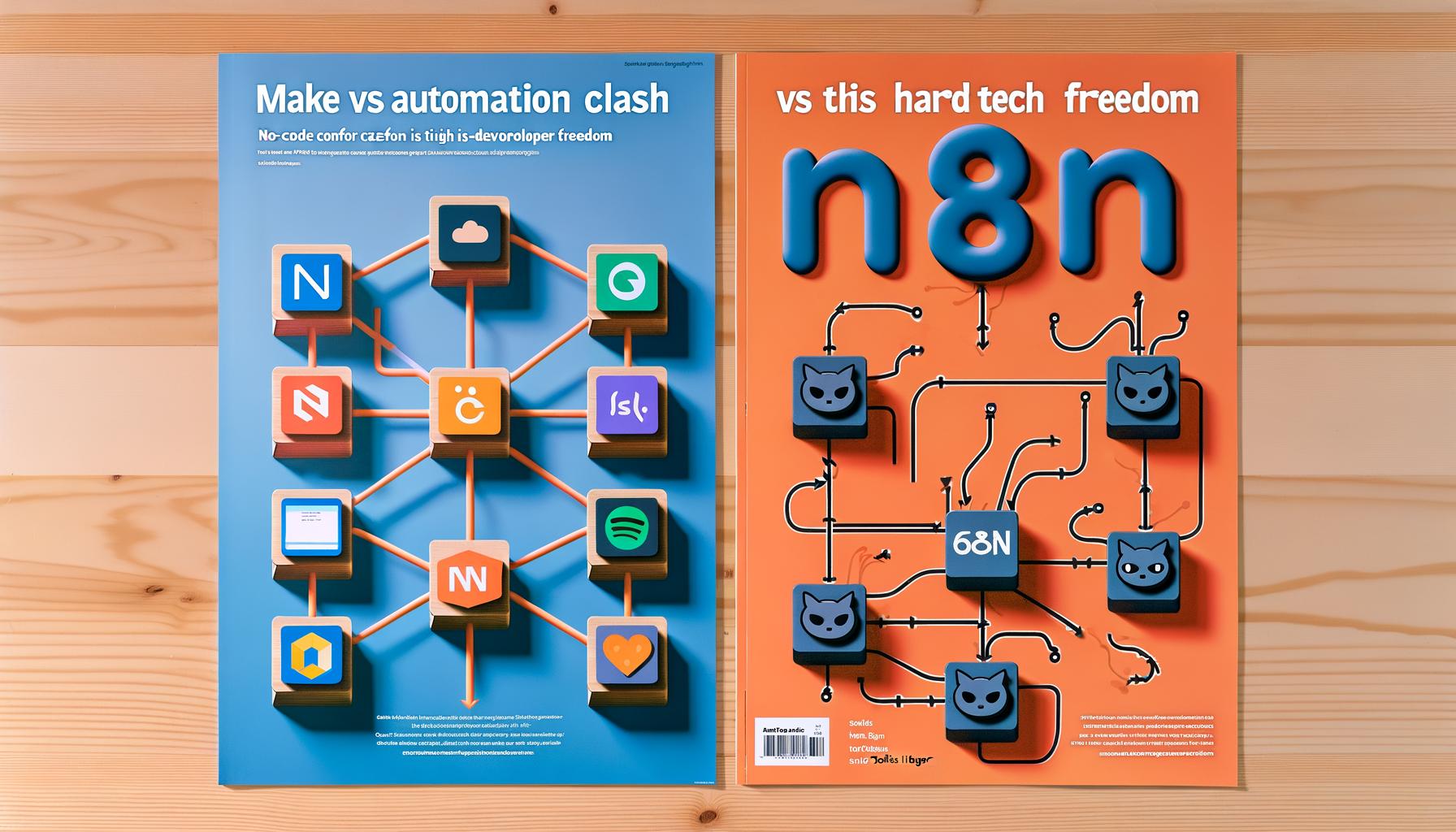 Vergleichsbild der Automatisierungstools Make und n8n: Make-Logo und App-Icons auf blauem Hintergrund, n8n-Logo mit Open-Source-Symbolen und Workflow-Nodes auf orange, im Zentrum Datenströme und API-Symbole.
