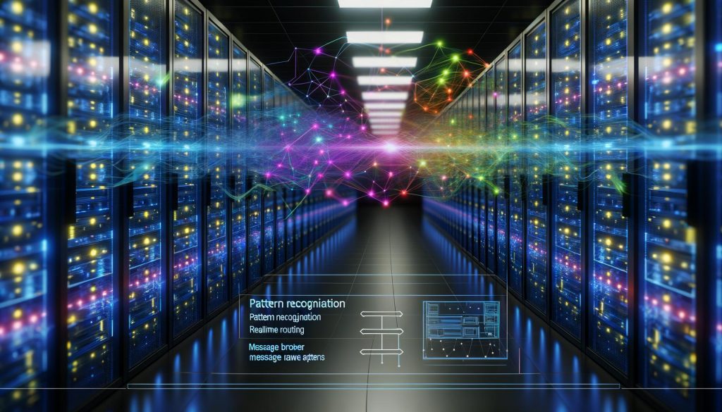 Futuristisches Rechenzentrum mit Serverracks, leuchtenden Datenflüssen und visualisiertem KI-Algorithmus im Stil neuronaler Netze, dazu technische Begriffseinblendungen.