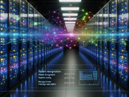 Futuristisches Rechenzentrum mit Serverracks, leuchtenden Datenflüssen und visualisiertem KI-Algorithmus im Stil neuronaler Netze, dazu technische Begriffseinblendungen.