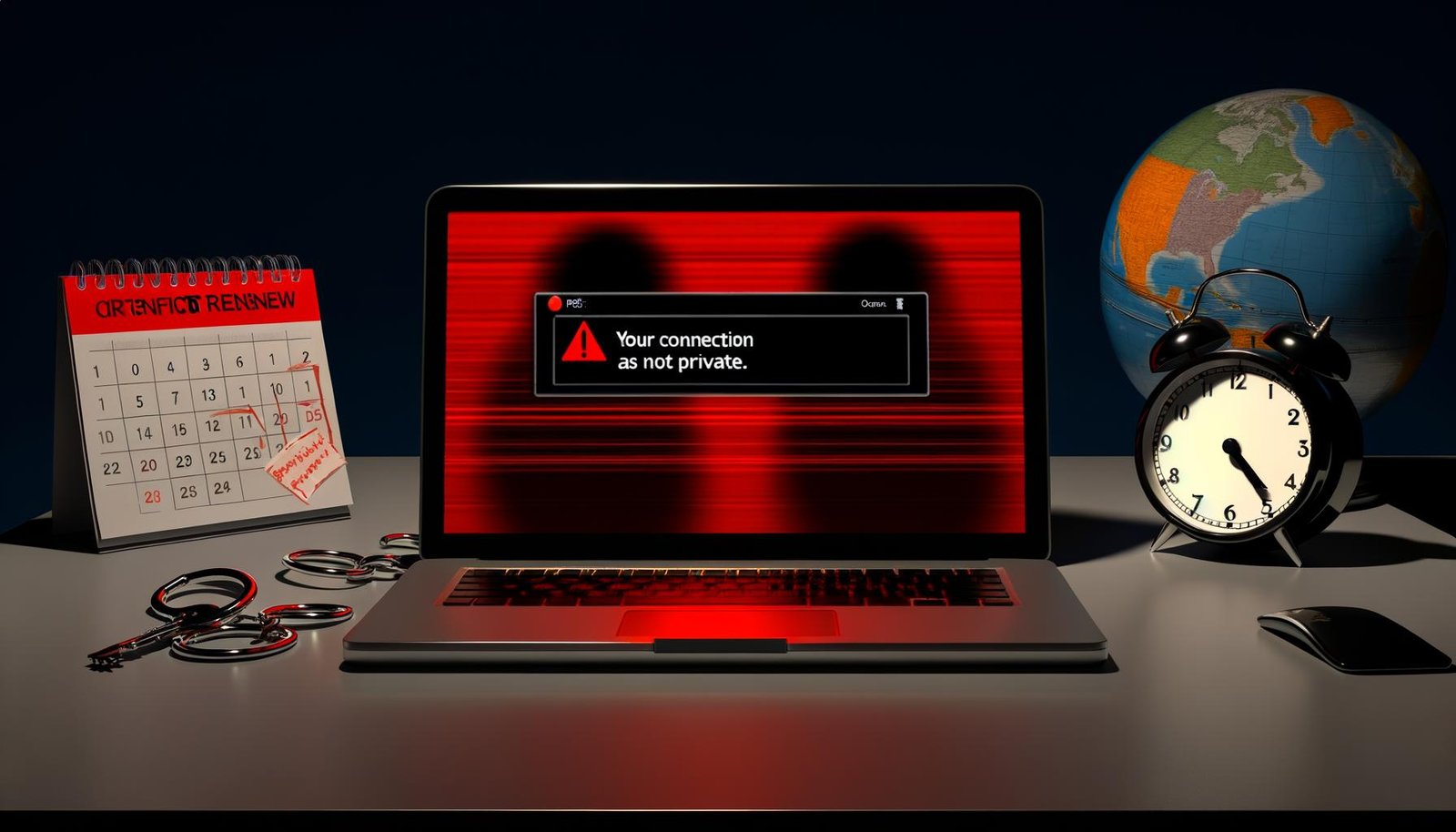 Laptop mit roter Warnmeldung 'Ihre Verbindung ist nicht privat', durchgestrichenem URL-Feld, tickender Uhr, bedrohlichen Schatten und offenem Kalender mit Hinweis zur Zertifikatserneuerung.