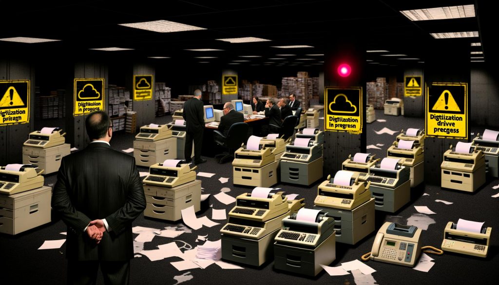 Satirische Darstellung eines deutschen Verwaltungsbüros mit alten Faxgeräten, Papierstapeln, Computern mit Röhrenmonitoren, verunsicherter Führungskraft und Schildern zur Digitalisierung.