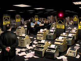 Satirische Darstellung eines deutschen Verwaltungsbüros mit alten Faxgeräten, Papierstapeln, Computern mit Röhrenmonitoren, verunsicherter Führungskraft und Schildern zur Digitalisierung.