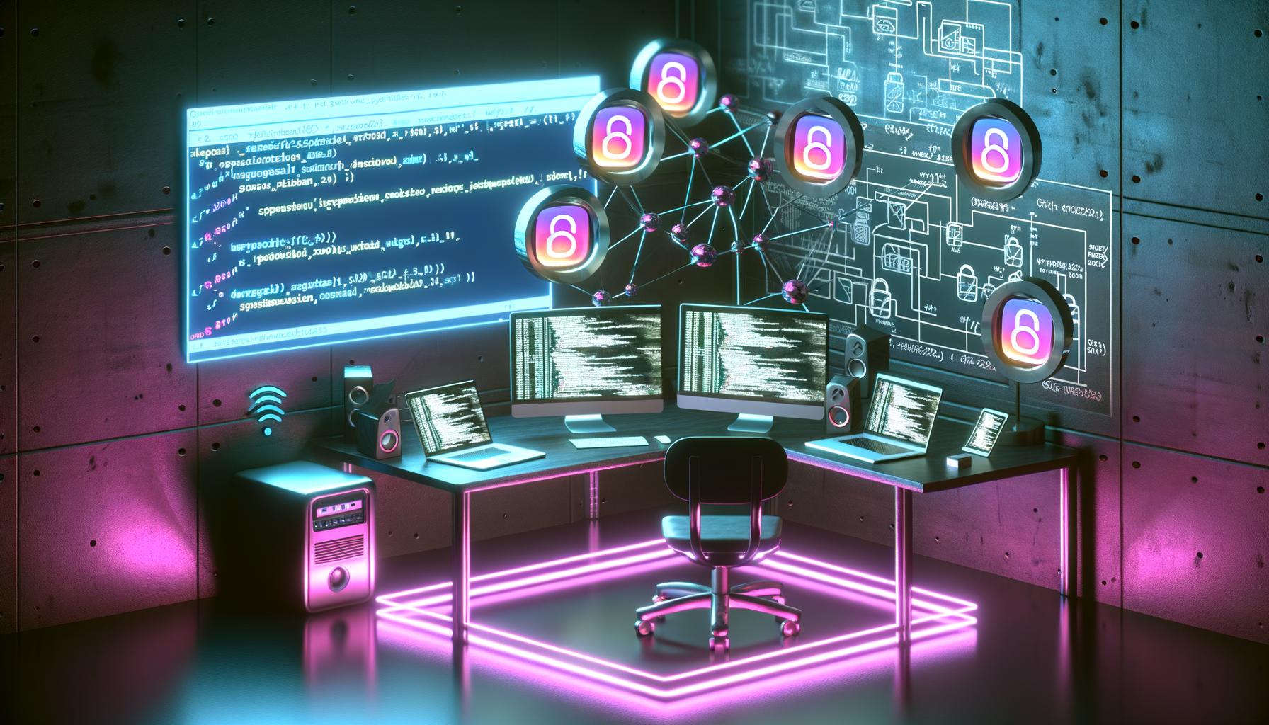 Stylisiertes Neon-Maschinenraum-Setting mit Monitoren, Python-Code, Graphen, Visualisierungen und Instagram-Profilen, umgeben von Symbolen für Scraper-Tools, Proxy-Server und Hashtags.