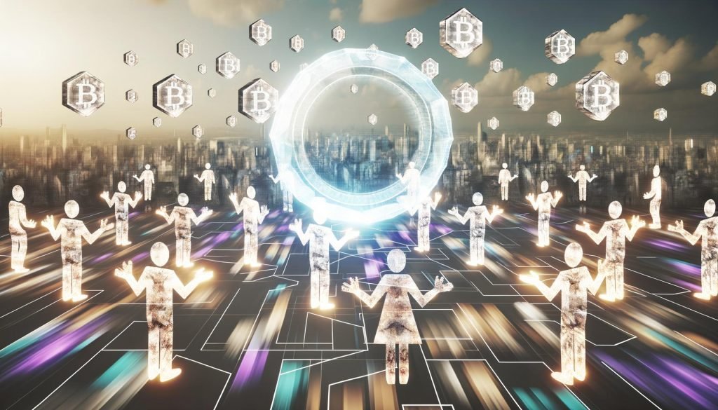 Futuristische digitale Marktszene mit Menschen, die leuchtende Token tauschen, zentral schwebender Token und Blockchain-inspirierter Hintergrund