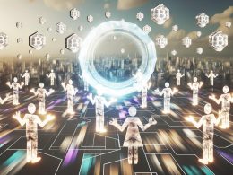 Futuristische digitale Marktszene mit Menschen, die leuchtende Token tauschen, zentral schwebender Token und Blockchain-inspirierter Hintergrund