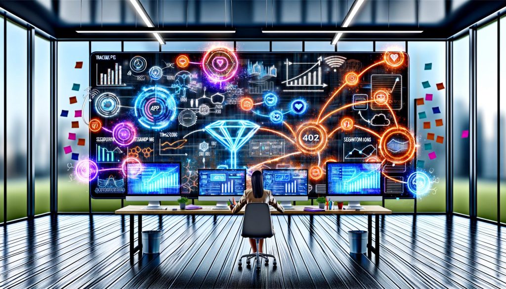 Dynamisch gestaltetes, modernes Büro mit drei Monitoren, farbigen Dashboards, Datenströmen, leuchtenden Workflows und einer konzentrierten Person am Arbeitsplatz, die ein Datenmodell entwickelt.