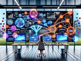 Dynamisch gestaltetes, modernes Büro mit drei Monitoren, farbigen Dashboards, Datenströmen, leuchtenden Workflows und einer konzentrierten Person am Arbeitsplatz, die ein Datenmodell entwickelt.