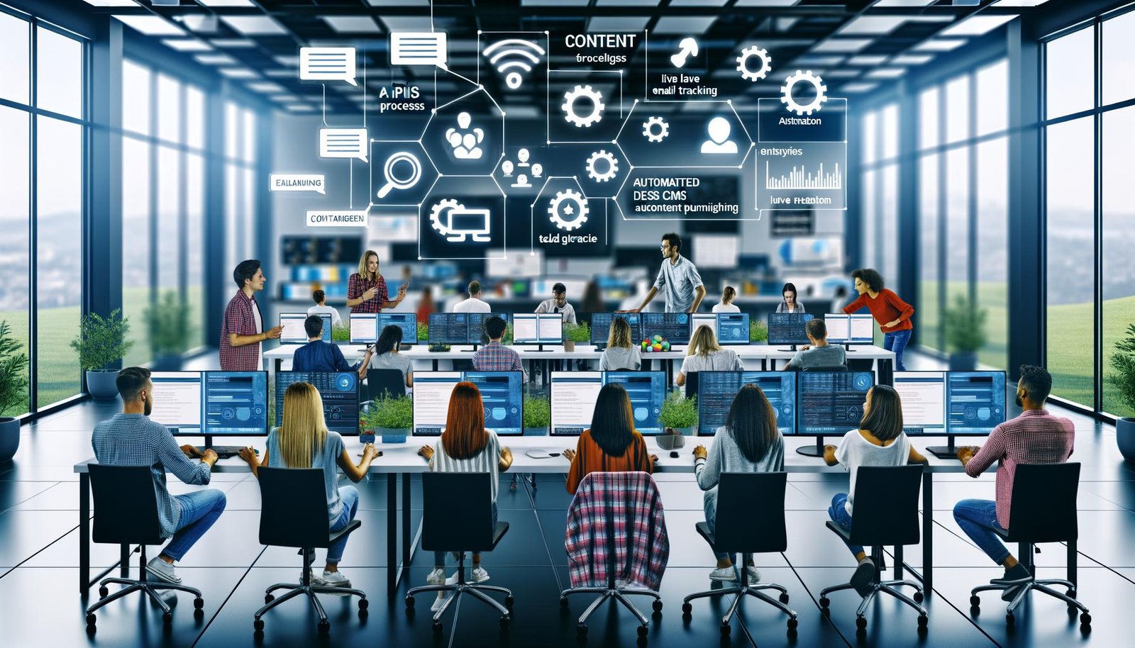 Modernes Content-Team arbeitet kollaborativ vor digitalen Dashboards und Aufgabenflows in einem papierlosen, hochdigitalisierten Büro.