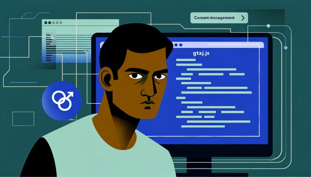 Minimalistische Illustration eines Computers mit Code, gtag.js-Snippet und analyseorientiertem Mensch vor Diagrammen sowie angedeuteten Datenschutz- und Consent-Elementen.