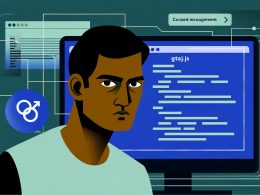 Minimalistische Illustration eines Computers mit Code, gtag.js-Snippet und analyseorientiertem Mensch vor Diagrammen sowie angedeuteten Datenschutz- und Consent-Elementen.