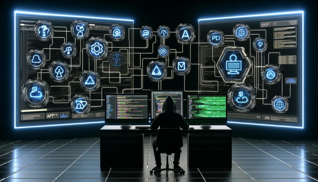 Futuristischer, technischer Büroarbeitsplatz mit mehreren Monitoren, auf denen API-Integrationen, Workflows und Echtzeitdaten zu sehen sind. Programmierer im Hoodie arbeitet am Notebook, Kabelverbindungen symbolisieren digitale Netzwerke.