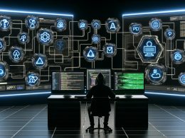 Futuristischer, technischer Büroarbeitsplatz mit mehreren Monitoren, auf denen API-Integrationen, Workflows und Echtzeitdaten zu sehen sind. Programmierer im Hoodie arbeitet am Notebook, Kabelverbindungen symbolisieren digitale Netzwerke.