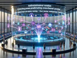 Futuristisches digitales Marketingzentrum mit holographischen Bildschirmen, KI-Dashboard und Social-Media-Icons wie Instagram, TikTok, LinkedIn und E-Mail. Im Vordergrund steuert eine KI die Kampagnen über verschiedene Kanäle.