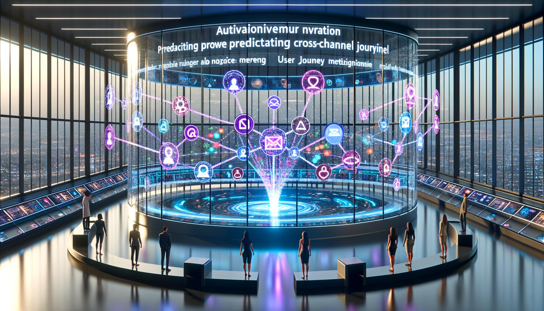 Futuristisches digitales Marketingzentrum mit holographischen Bildschirmen, KI-Dashboard und Social-Media-Icons wie Instagram, TikTok, LinkedIn und E-Mail. Im Vordergrund steuert eine KI die Kampagnen über verschiedene Kanäle.