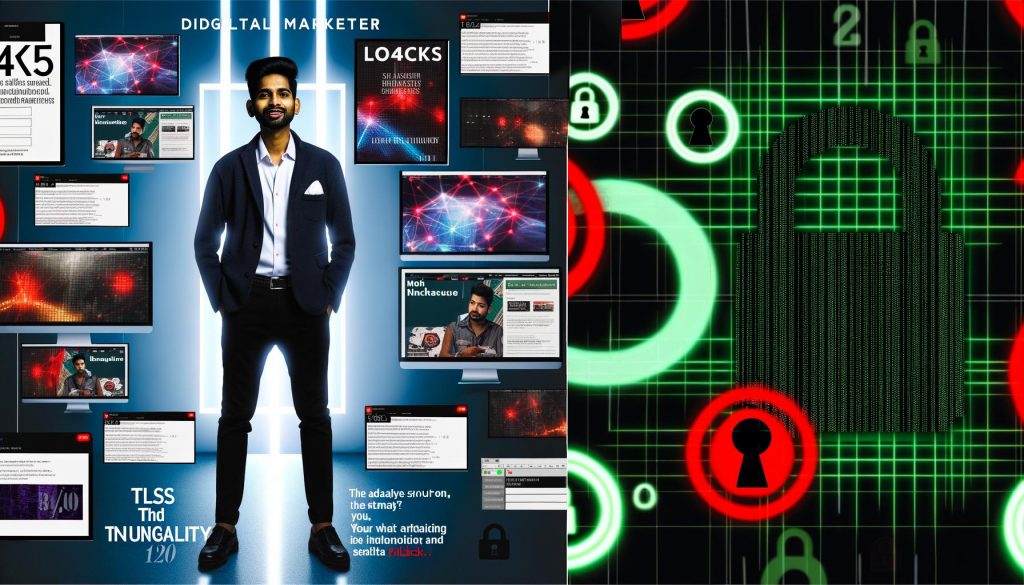 Split-Illustration eines Marketers vor leuchtenden Werbeanzeigen und einer dunklen, veralteten Website mit gebrochenen Schlössern und Warn-Pop-ups, verbunden durch ein TLS 1.2/1.3-Symbol.