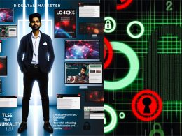 Split-Illustration eines Marketers vor leuchtenden Werbeanzeigen und einer dunklen, veralteten Website mit gebrochenen Schlössern und Warn-Pop-ups, verbunden durch ein TLS 1.2/1.3-Symbol.