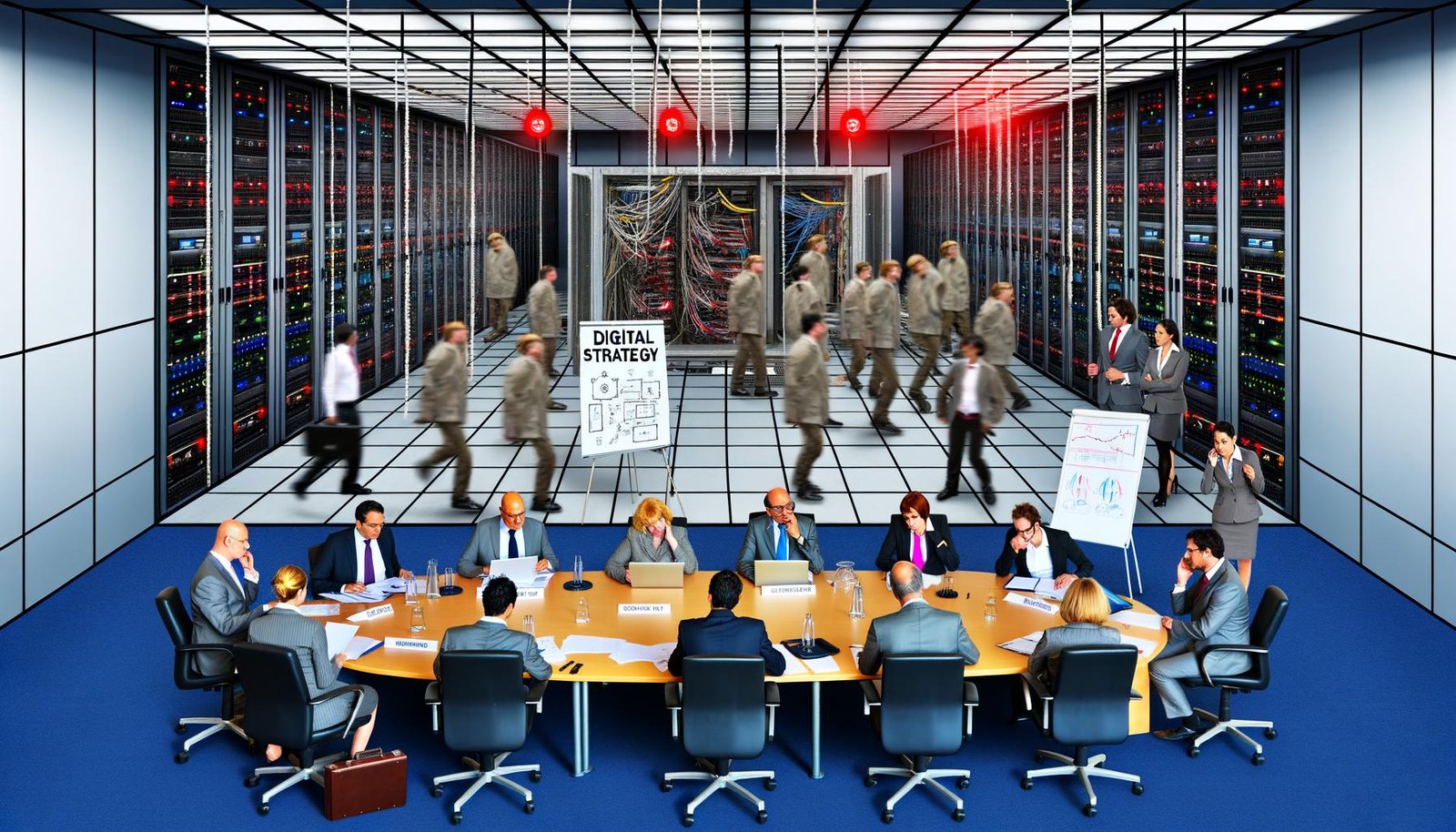 Deutscher Konferenzraum mit Vorstandsmitgliedern, digitale Strategien und Präsentation am Tisch, während im Hintergrund durch Glaswände ein chaotischer Serverraum mit roten Warnlichtern und beschäftigten IT-Fachleuten sichtbar ist.