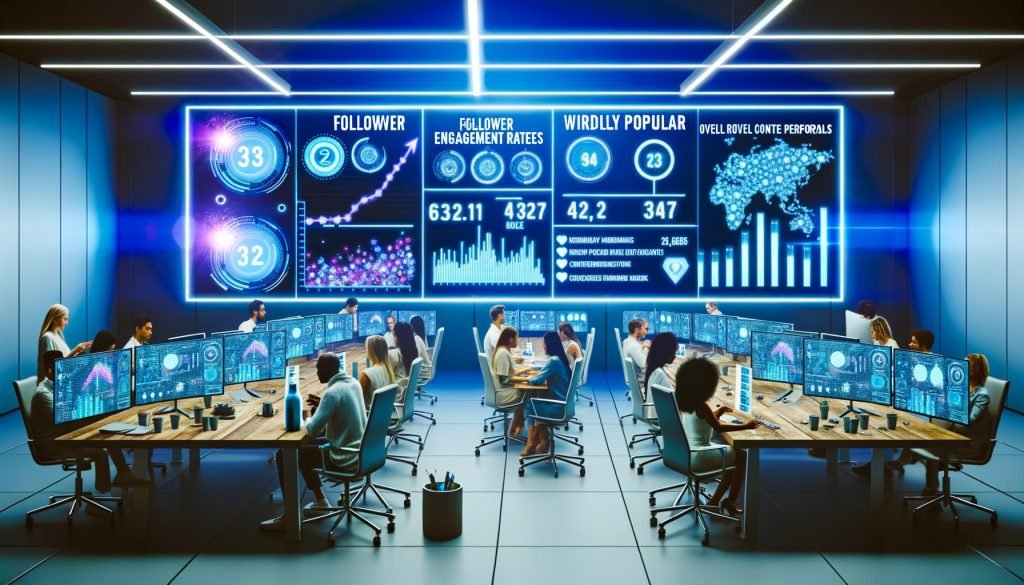 High-Tech-Kontrollraum mit Instagram-Analyse-Displays, Grafiken zu Engagement-Raten und Marketing-Fachleuten bei der strategischen Arbeit in futuristischer Umgebung.