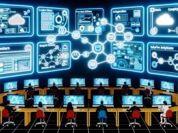 Digitale Arbeitsumgebung mit mehreren Bildschirmen, die vernetzte Tools für Projektmanagement, Dokumentenbearbeitung, Analysen und Content-Management zeigen. Diverse Teammitglieder arbeiten kollaborativ im High-Tech-Büro.