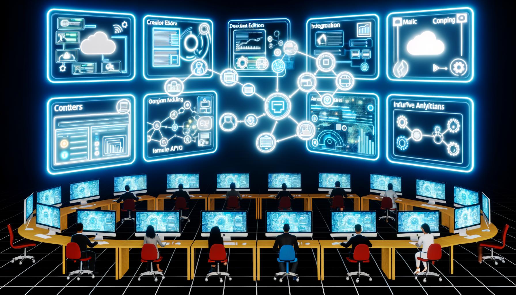 Digitale Arbeitsumgebung mit mehreren Bildschirmen, die vernetzte Tools für Projektmanagement, Dokumentenbearbeitung, Analysen und Content-Management zeigen. Diverse Teammitglieder arbeiten kollaborativ im High-Tech-Büro.