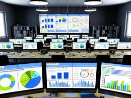 Modernes Büro aus der Vogelperspektive mit mehreren Schreibtischen und großen Monitoren, auf denen interaktive Marketing KPI Dashboards mit Diagrammen, Kreisen und Realtime-Statistiken angezeigt werden.