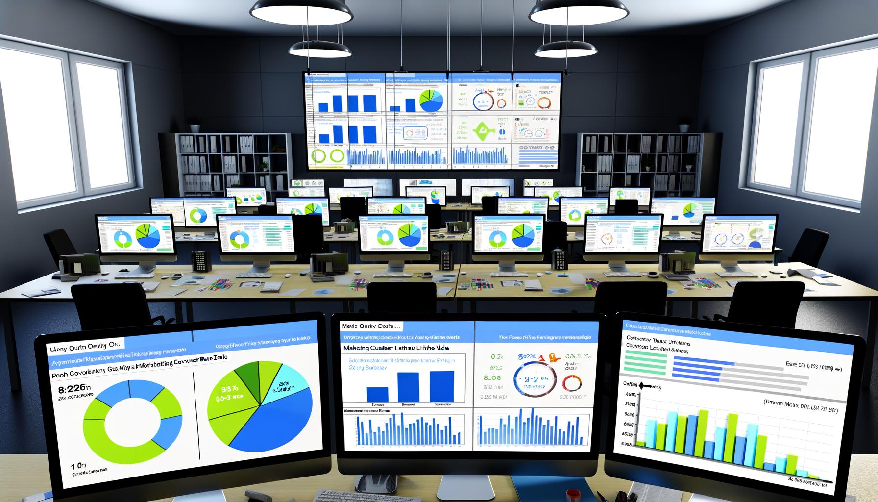 Modernes Büro aus der Vogelperspektive mit mehreren Schreibtischen und großen Monitoren, auf denen interaktive Marketing KPI Dashboards mit Diagrammen, Kreisen und Realtime-Statistiken angezeigt werden.