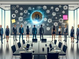 CEOs und Marketingverantwortliche analysieren am Whiteboard Token- und Blockchain-Skizzen, ein digitales Token schwebt als 3D-Hologramm über dem Konferenztisch, moderne Technik und Post-Its zu Tokenomics im Hintergrund.