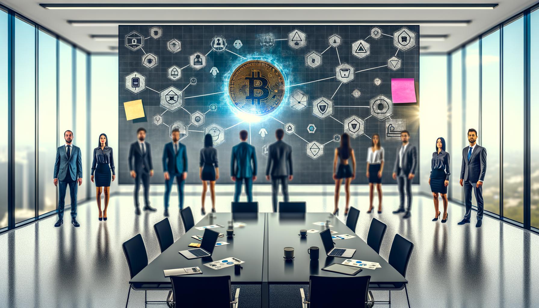 CEOs und Marketingverantwortliche analysieren am Whiteboard Token- und Blockchain-Skizzen, ein digitales Token schwebt als 3D-Hologramm über dem Konferenztisch, moderne Technik und Post-Its zu Tokenomics im Hintergrund.
