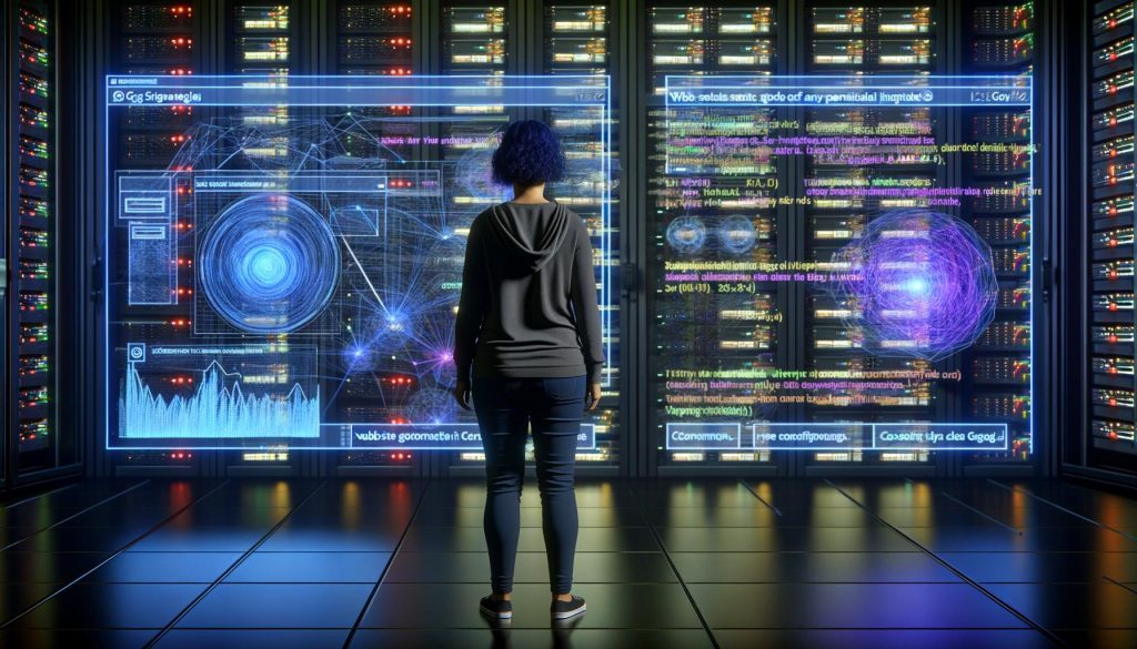 Webanalyst steht im dunklen Hightech-Serverraum vor holografischem Dashboard mit Datencharts, event-markern und gtag.js-Code. Im Hintergrund leuchten Server, Bildschirme mit Website-KPIs und Consent-Fenstern.