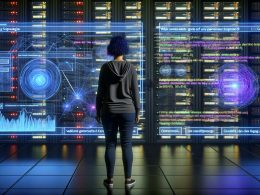 Webanalyst steht im dunklen Hightech-Serverraum vor holografischem Dashboard mit Datencharts, event-markern und gtag.js-Code. Im Hintergrund leuchten Server, Bildschirme mit Website-KPIs und Consent-Fenstern.