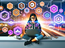 Junge Frau im Streetwear-Look am Laptop, umgeben von digitalen Marketing-Icons, schwebenden Daten und urbaner Hightech-Büroumgebung.