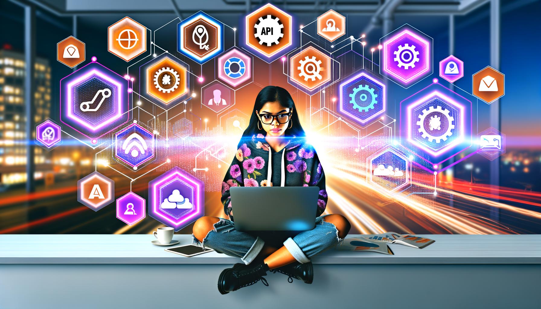 Junge Frau im Streetwear-Look am Laptop, umgeben von digitalen Marketing-Icons, schwebenden Daten und urbaner Hightech-Büroumgebung.