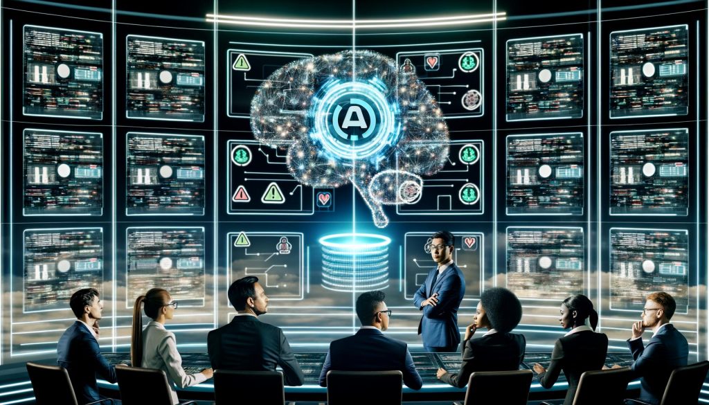 Futuristischer Kontrollraum mit Team, das mithilfe von KI und digitalen Dashboards Marketinginhalte überwacht und Fehler automatisch korrigiert.