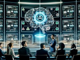 Futuristischer Kontrollraum mit Team, das mithilfe von KI und digitalen Dashboards Marketinginhalte überwacht und Fehler automatisch korrigiert.