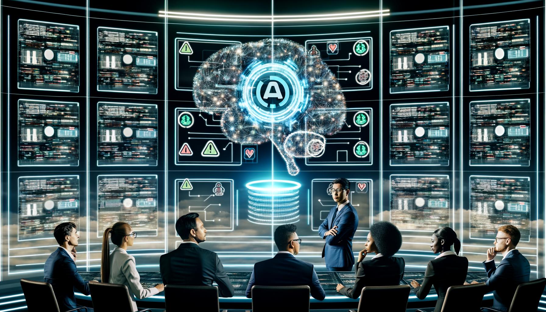 Futuristischer Kontrollraum mit Team, das mithilfe von KI und digitalen Dashboards Marketinginhalte überwacht und Fehler automatisch korrigiert.
