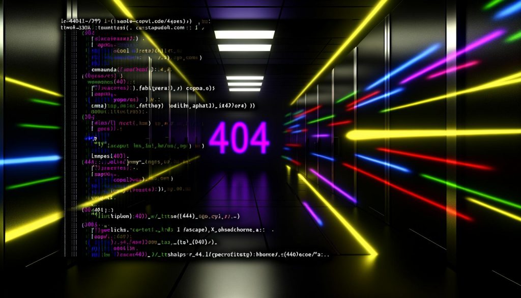 Futuristisches Serverraum-Titelbild mit leuchtender .htaccess-Datei, bunten URL-Spuren und großem 404-Schriftzug im digitalen Stil