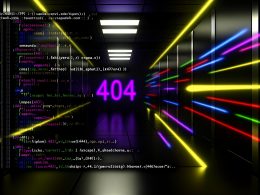 Futuristisches Serverraum-Titelbild mit leuchtender .htaccess-Datei, bunten URL-Spuren und großem 404-Schriftzug im digitalen Stil