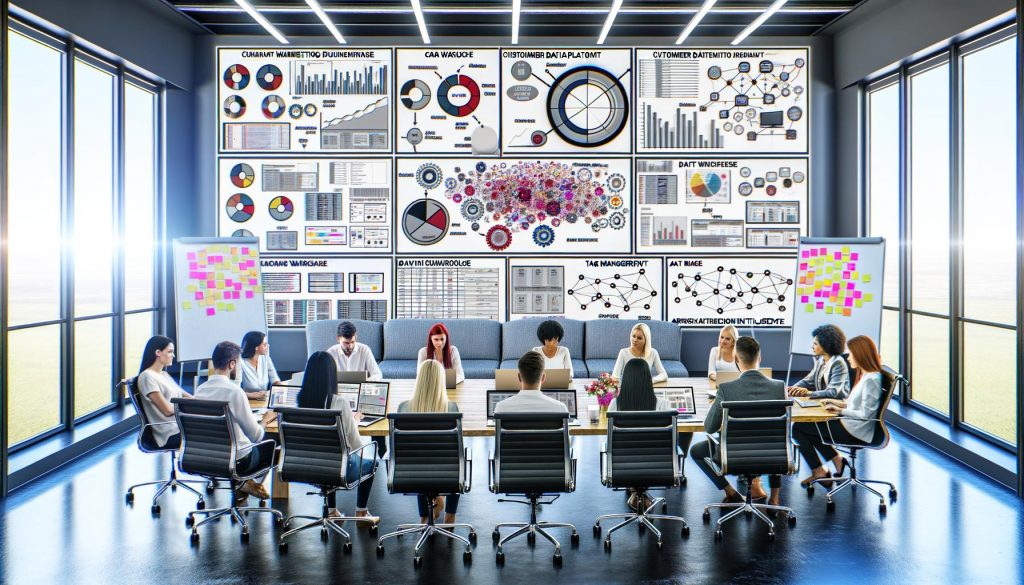 Multikulturelles Marketingteam an Konferenztisch mit Daten-Dashboards, digitalen Tools und Architekturdiagrammen in modernem Büro