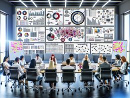 Multikulturelles Marketingteam an Konferenztisch mit Daten-Dashboards, digitalen Tools und Architekturdiagrammen in modernem Büro