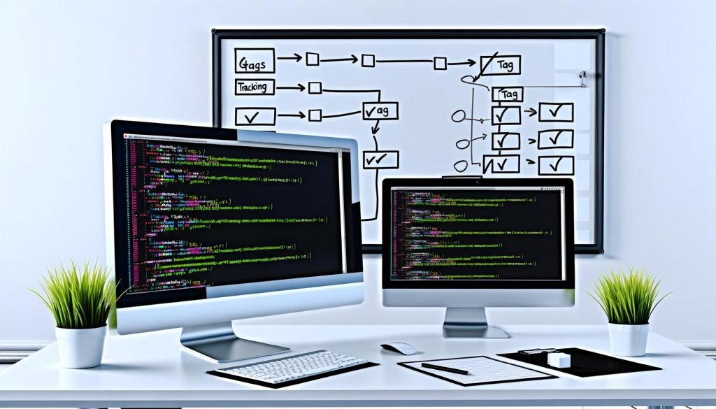 Moderner Schreibtisch mit mehreren Monitoren, gtag.js-Code auf dem Hauptbildschirm, Whiteboard mit Diagrammen und To-Do-Liste im Vordergrund