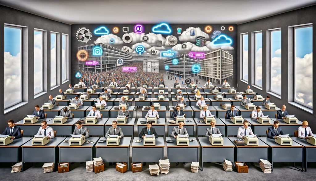 Verschiedene Illustrationen und Szenarien, die die Herausforderungen und Hemmnisse der Digitalisierung in Deutschland thematisieren: von überfüllten Großraumbüros mit Faxgeräten bis zur symbolhaften digitalen Phoenix-Geburt aus dem Bürokratie-Chaos.