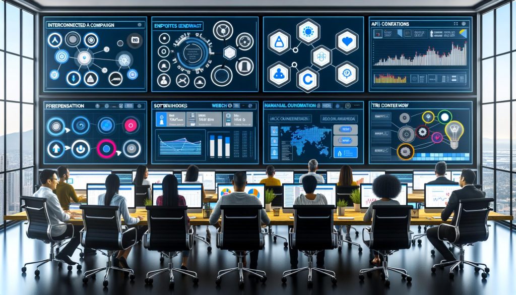 Marketer und Entwickler arbeiten in einem High-Tech Kontrollraum mit digitalen Bildschirmen, die Marketingdaten, API-Verbindungen und Automatisierung darstellen.