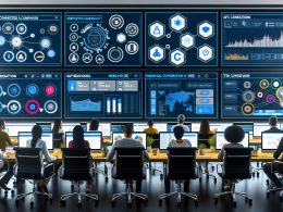 Marketer und Entwickler arbeiten in einem High-Tech Kontrollraum mit digitalen Bildschirmen, die Marketingdaten, API-Verbindungen und Automatisierung darstellen.