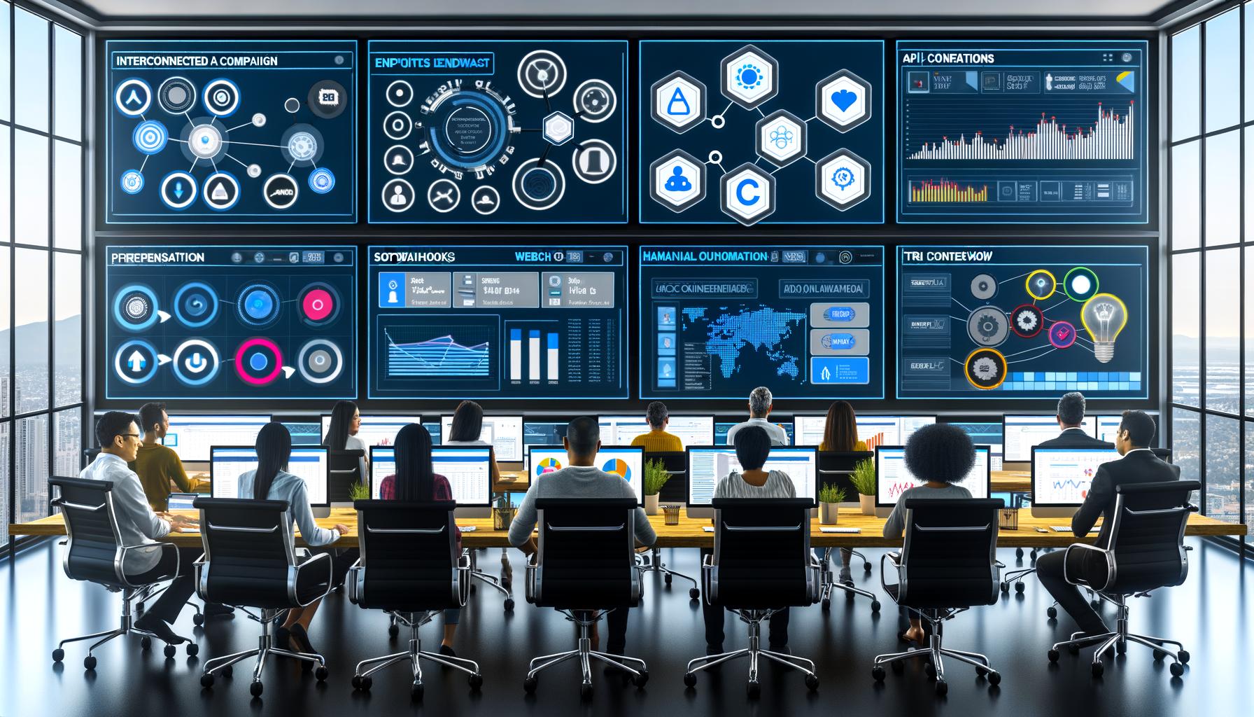 Marketer und Entwickler arbeiten in einem High-Tech Kontrollraum mit digitalen Bildschirmen, die Marketingdaten, API-Verbindungen und Automatisierung darstellen.