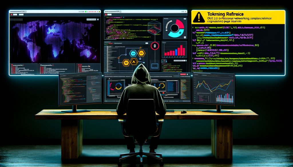 Marketer mit Hoodie in technoir Workspace vor LinkedIn-Datenwand, drei Monitoren mit Code, Datenvisualisierungen und Compliance-Chat, umgeben von digitalen Datenströmen und API-Warnungen.