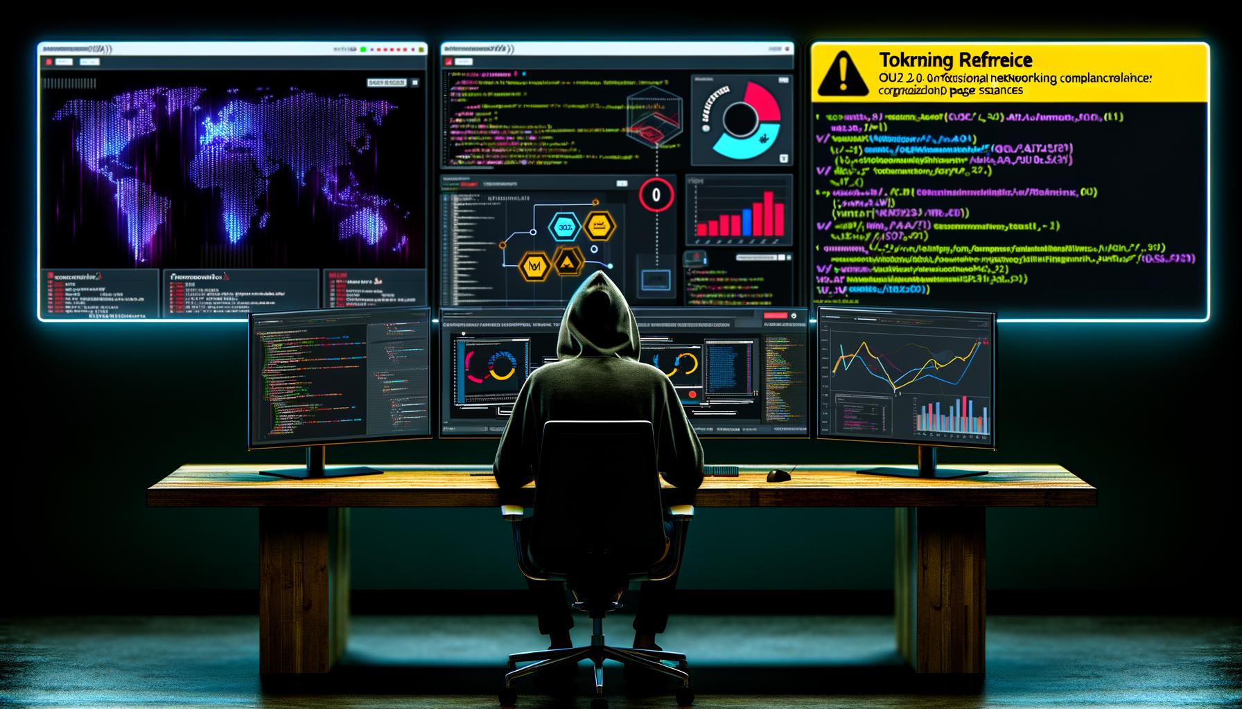 Marketer mit Hoodie in technoir Workspace vor LinkedIn-Datenwand, drei Monitoren mit Code, Datenvisualisierungen und Compliance-Chat, umgeben von digitalen Datenströmen und API-Warnungen.